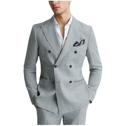 Men's Linen 2-Piece Suit | Slim Fit Double Breasted Peak Lapel Tuxedo for Wedding