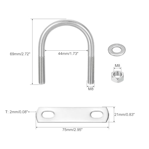 Image of uxcell Round U-Bolts, 4 Sets 44mm(1.73 inch) Inner Width 69mm Length M8 304 Stainless Steel U Clamp Bolt with Nuts and Plates, for Boat Trailer