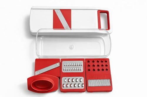 Image of 6 in 1 Vegetable Slicer & Grater - Professional Mandoline Cutter with Interchangeable Blades | Kitchen Tool for Potato, Onion, Carrot, Cucumber | Trending Multipurpose Chopper| (Red) (Green,Red)