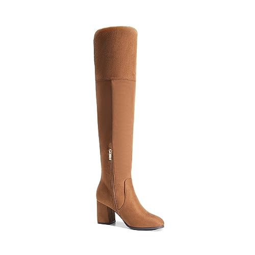 DREAM PAIRS Women's Thigh High Block Heel Over The Knee Boots,Size 10,Brown-Suede,STRETCH_HIGH