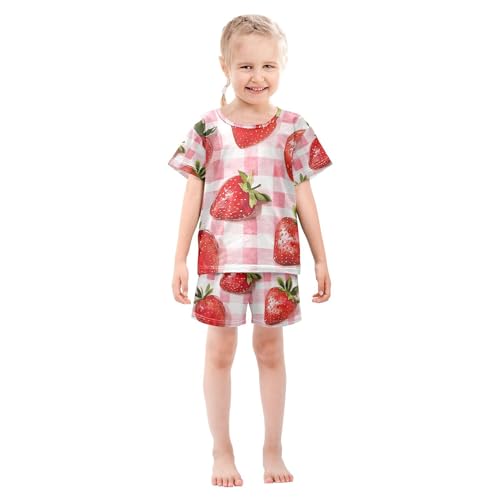 Strawberry Plaid Summer Pajamas Set 2 Piece Short Cotton Sleepwear, 5-14 Years3
