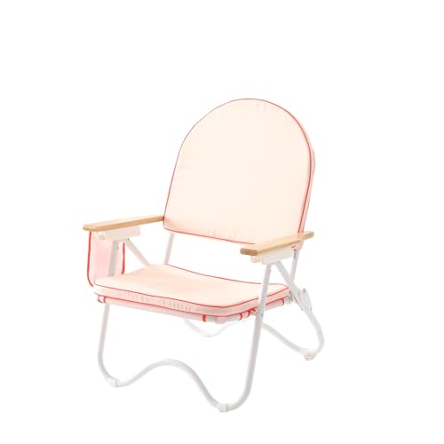 Image of Padded Low Beach Chair, 4-Position Folding Outdoor Chair with Wooden Armrests, Cushioned Seat, Storage Pouch & Carry Strap for Beach, Patio and Lawn, Harbour Rose Pink