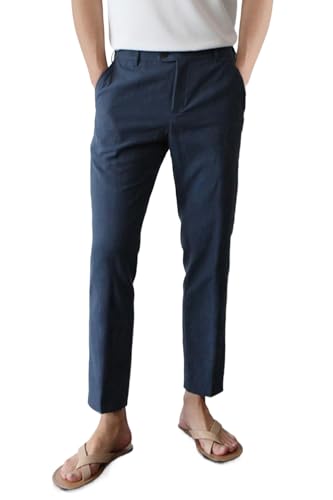 Image of GINGTTO Linen Pants Men Slim Fit Elastic Waistband Lightweight Summer Beach Fashion Casual Pant
