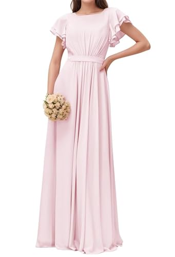 ORRCIGH WPX097 - Vestido de dama de honor de gasa con cuello redondo para mujer, mangas con vuelo, plisado, acampanado, largo, formal, vestido de noche, rosa, 46