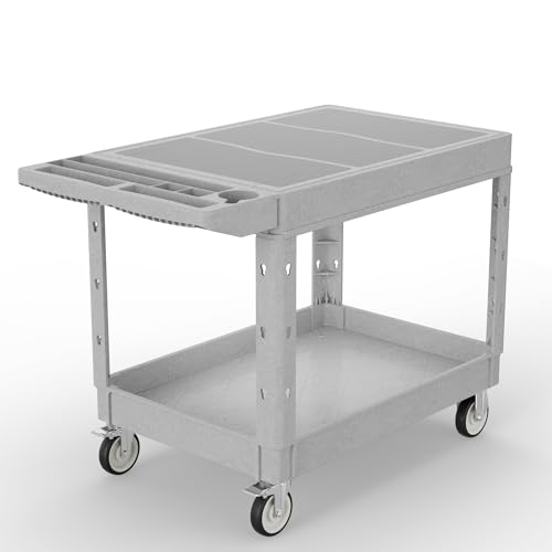 Sylritha Heavy Duty Utility Rolling Tool Cart, 1000 lbs Capacity Flat Top Plastic Utility Service Cart with Two Trays and Wheels, 46 x 26-Inch Work Cart for Storage, Garage, Warehouse, Workshop, Gray