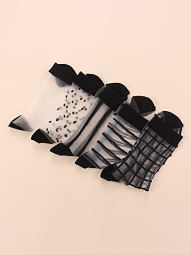 Verdusa Women's 5 Pairs Striped Plaid Mesh Sheer Socks Black One-Size #TOP1
