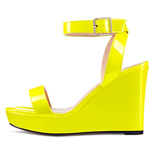 Image of Aachcol Women Platform Wedge Sandals Round Peep Open Toe Ankle Strap Slingback Two-Piece Chunky Block High Heel Dress Shoes Pumps Party Patent 4 Inch