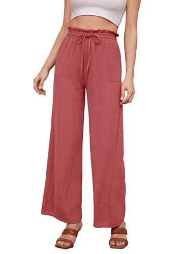 Rasutina Women Wide Leg Pants High Waisted Linen Pants Red Casual Palazzo Pants Flowy Pants Summer Beach Trousers Small