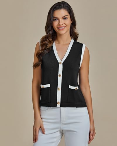luvamia Knit Vest for Women Trendy Colorblock Button Down Dressy Casual Sleeveless Summer Sweater Vests Top with Pockets2