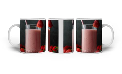 deyoli Motivetasse Cremiger Erdbeer-Smoothie, garniert mit frischen, roten Früchten 300ml, aus weißem Keramik/Kaffetasse/Geschenkidee