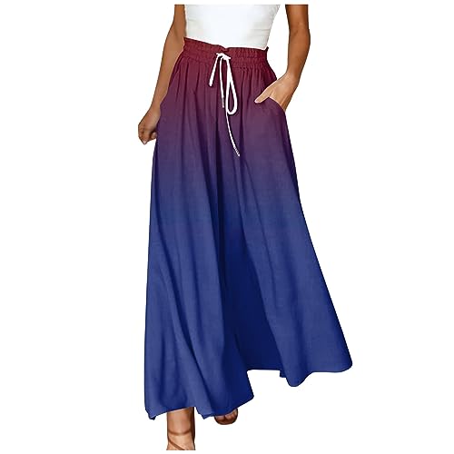 Womens Palazzo Pants Elastic Waist High Waisted Culottes Pants Loose Fit Elegant Flowy Vacation Pants with Pockets