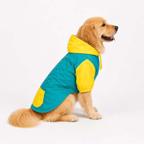 Image of Thunder Tails Dog Raincoat Waterproof Jacket for Dogs with Hood | Double Layer Water Resistant Polyester, Adjustable Fit, Snap Button Closure, Lightweight Pet Rain Wear (Blue /Yellow, 2XL)