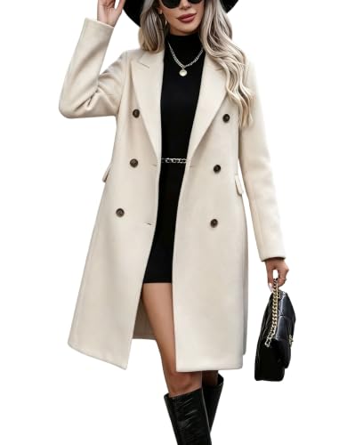 Image of chouyatou Women Double Breasted Mid Long Dressy Casual Wool Trench Peacoat (Large, Beige White)
