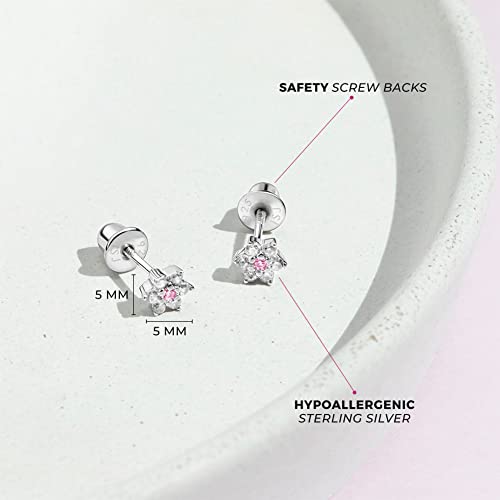 925 Sterling Silver Kids Earrings with 5mm Flower & Screw Backs for Young Girls - Dainty CZ Flower Screw Backs for Toddlers and Little Girls - Cubic Zirconia Floral Studs for Children4
