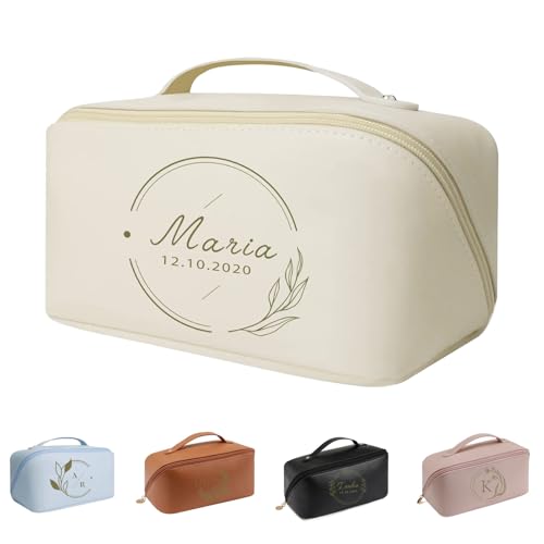 Personalized Leather Makeup Bag, Large Capacity Cosmetic Bag for Women, Bridesmaid Gifts, Laser Engraving Name, Travel Toiletry Bag with Waterproof PU Leather, Bride Gifts, Wedding Party, Gift for Mom