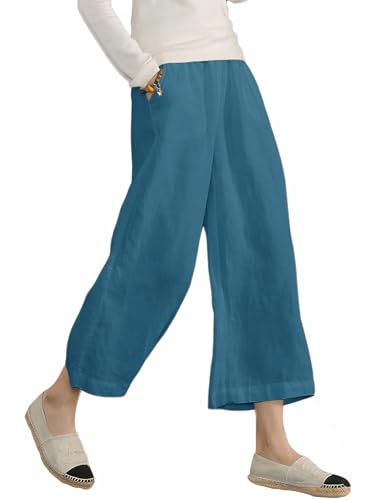 Image of ECUPPER Womens Cotton Cropped Pants Wide Leg Trousers | Casual, Plus Size, Elastic Waist, Capri, 100% Cotton, Loose Fit, High Rise Waist, Lounge Pants