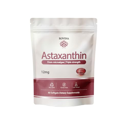 ROVINA Astaxanthin 12mg Softgels from Microalgae - Triple Strength Antioxidant Supplement for Eye Skin Immune & Joint Support - Non-GMO Gluten Free Astaxanthin Supplements 60 Softgels