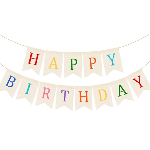 Image of Doumeny Happy Birthday Burlap Banner Boho Birthday Garland Banner Rainbow Bohemian Bunting Garland White Birthday Hanging Bunting Multicolor Birthdays Sign Party Flag for Home Mantel Fireplace Nursery
