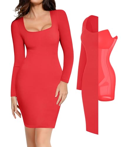 Image of Popilush Long Sleeve Midi Dresses for Women, Built-in Bra Shapewear Dress | Bodycon, Tummy Control, Square Neck, Cocktail Party and Dinners