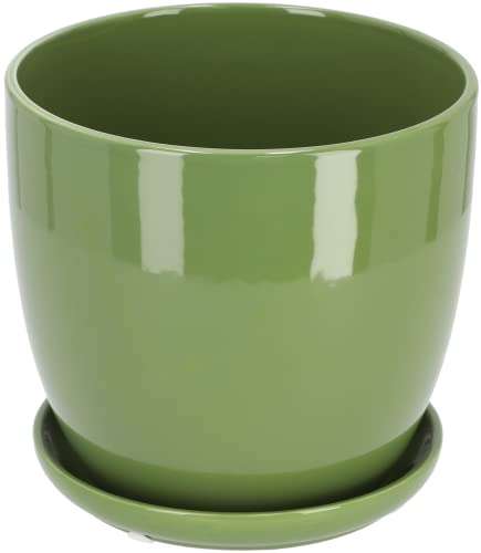 Kotarbau® - Vaso da fiori in ceramica per piante con vassoio antigoccia, diametro da 13 cm, colore verde