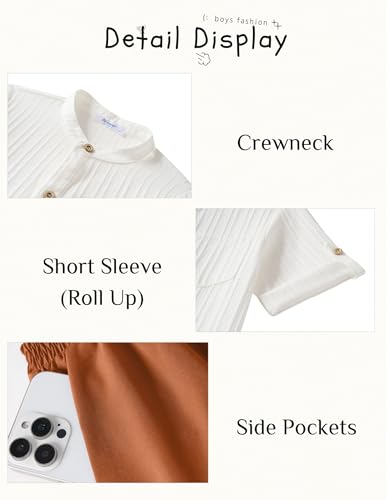 Image of Arshiner Boy's 2 Piece Beach Outfit Short Sleeve Textured Button Down Shirt and Short Sets Summer Vacation Wear 4-12 Years