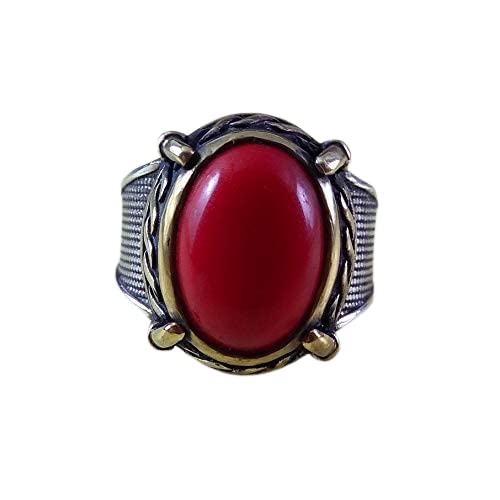 Four Prong Design Silver Ring, 925K Sterling Silver Ring, Cab Oval, Heavy Ring, Red Coral Gemstone, Two Tone, Handmade, Men's Coral Ring, Gift For Him, Birthday Gift, Father's Day, Size 5-14