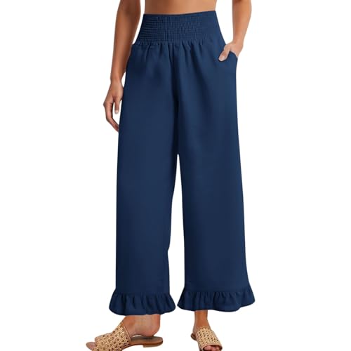 Image of Women Linen Pants Dressy Casual Summer Boho Ruffle Hem Wide Leg Cropped Pants Smocked High Waisted Palazzo Pant