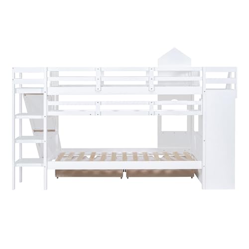 SOFTSEA Twin Over Twin Bunk Bed with Slide and Staircase Wodden Bunk Bed Frame with Storage Drawers, White