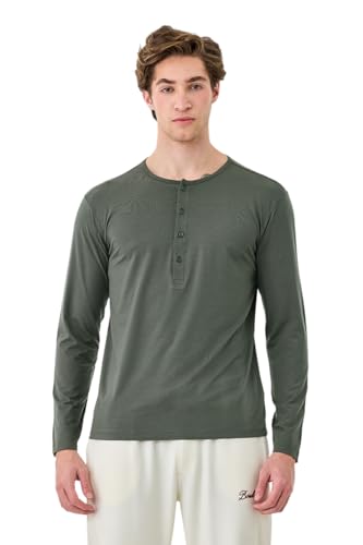 Image of SNITCH Men's T-Shirt | Regular Fit Henley Neck Full Sleeve Solid Pattern | Stretchable Rayon Cotton Spandex Blend Breathable Fabric for Casual & Everyday Wear