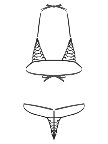 Freebily Damen Mini Bikini Micro Dessous Set Cutout Spitze Bra Top Und T-Back String Erotik Unterwäsche Strandmode A Einheitsgröße