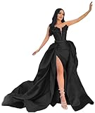 Plus Size Prom Dresses for Teens Sequin Strapless Long Ball Gowns with Slit Sparkly Satin Mermaid V Neck Formal Evening Party Gowns with Detachable Train 2025 Black US18