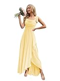 HI-TECH OPTOELETRONICS CO., LTD. Women's Yellow Ruffles Bridesmaid Dresses for Wedding 2025 Flowy Chiffon Cowl Neck Floor Length A-Line Wedding Guest Dress with Side Slit US6