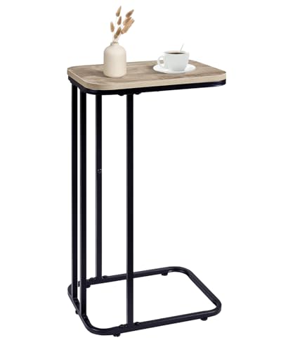 KJGKK C Shaped End Table, 27 Inches High Small Side Table for Sofa and Bed, Couch Table That Slides Under, Tall Tv Tray Table for Living Room, Bedroom, Metal Frame, Greige & Black