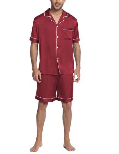 Image of Ekouaer Mens Satin Pajamas Set Button-Down Short Sleeve Shirt Top Soft Silk Sleepwear Shorts with Pockets