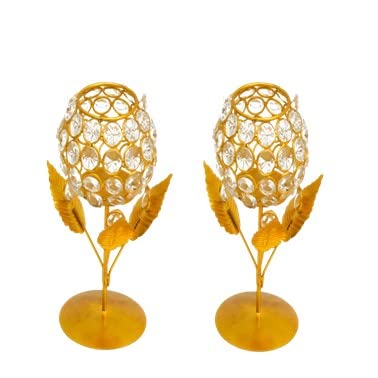 Image of Tabletop Candle Holder with Crystal for Home Decoration, Perfect for Candle Light Dinners & Special Moments (2 Pc, Metal, Golden)