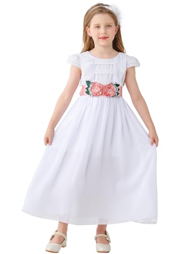 ABAO SISTER First Communion Dress White Gown with Satin Waist Belt Lace Cap Sleeves Pink Floral Sash Flower Girl Dress