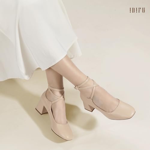 IDIFU IN2 Mary Jane Shoes Strappy Low Chunky Block Closed Toe Heels Dress Shoes for Women Wedding Bridal Work Office Business Prom Shoes Comfortable Dressy Formal Vintage Short Square Toe Heels Pumps3