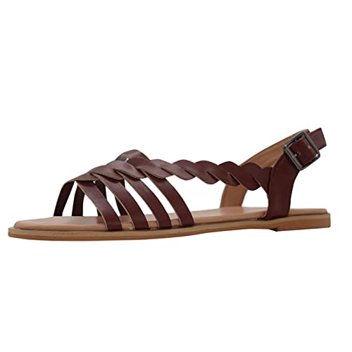 Sandalias de verano para mujer, sandalias romanas para mujer, de piel, con plantilla suave, sandalias planas de verano, gladiador, playa, sandalias de piel, sandalias de ocio, tallas 37-42, café, 40