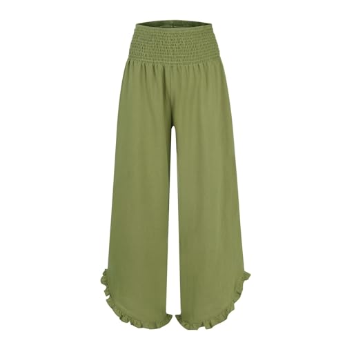 Linen Pants for Women Casual Ruffle Hem Elastic High Waisted Summer Palazzo Pants Lightweight Comfy Soft Flowy Pant2