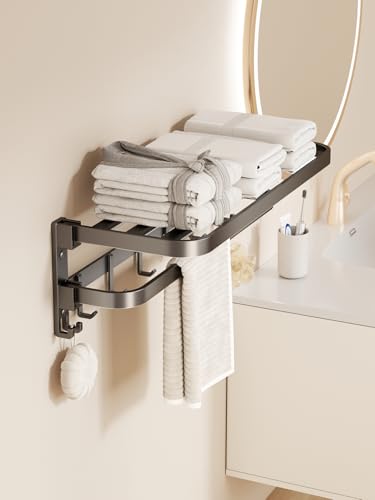 【アルミ製】タオルラック 壁掛け式 多機能バスルーム収納棚 グレー 耐久防水 折りたたみ式 省スペース収納タオルハンガー フック付き フェイスタオル・バスタオル・洗面所収納 シンプルモダンデザイン