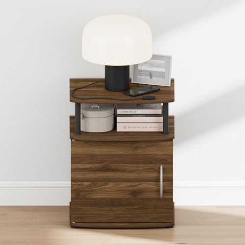 Image of Furinno Jaya Night Stand with Door, Nightstand, Columbia Walnut | Open Shelf and Door Cabinet, Round Corner Bedside Table, Modern Side Table, End Table, for Bedroom, Closet, Dorm