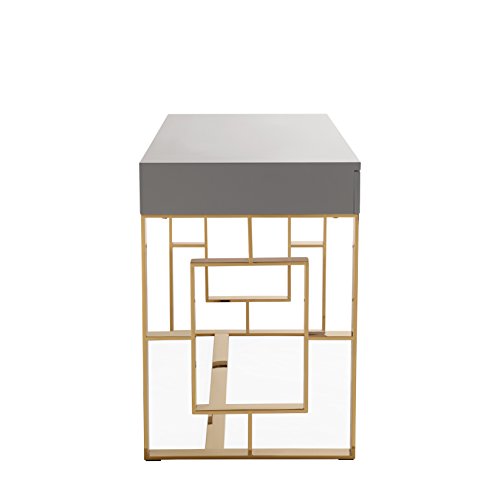 Tov Furniture The Audrey Collection Modern Computer Office Writing Desk With Lacquered Wooden Top, Gold Base & 3 Storage Drawers, Gray #TOP4