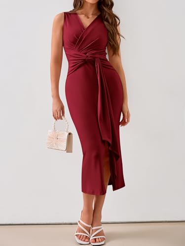 Image of YIOYOLA Womens Sleeveless Ruched V Neck Sheath Casual Party Midi Bodycon Dresses with Slit