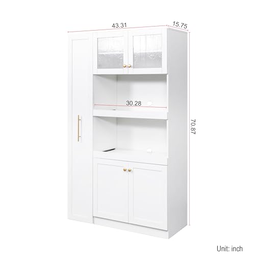 Image of Ball & Cast 71″Tall Freestanding Kitchen Pantry Cabinet with 2 Pull-Out Shelves,Versatile Farmhouse Pantry Storage Cabinet w /Pull-Out Storage Shelf and 4 Doors,for Kitchen and Dining Room,White