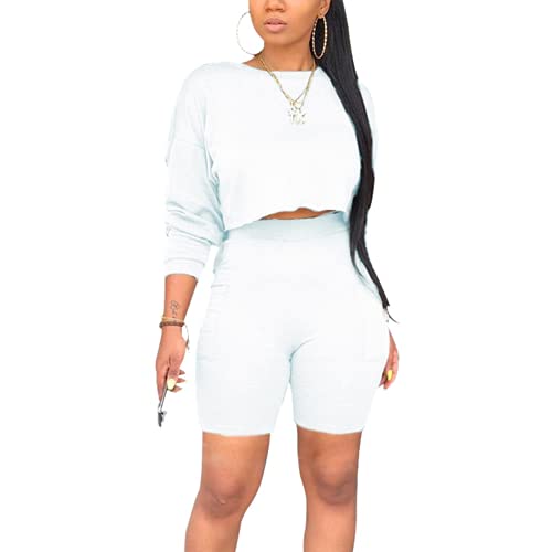 CLOCOR Two Piece Outfits for Women High Waisted Crop Tops Short Sets Jumpsuit Casual Active Tracksuits White L