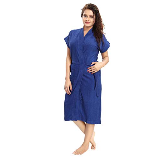 Image of Women Solid Bath Robe | Terry Cotton Short Robes Soft Bathrobe Lightweight Bordered Kimono | Half Sleeve with Front Pocket | One Size Bathrobe