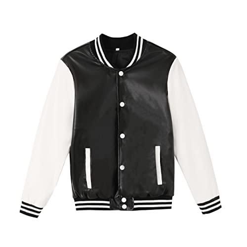 BAICAIYU Kids Baseball Leather Jackets Boys and Girls Varsity PU Letterman Coat Button Cardigan Bomber Lightweight Jacket