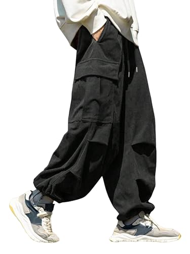 SOLY HUX Men's Drawstring Cargo Pants Elastic Waist Flap Pocket Corduroy Baggy Pants Streetwear