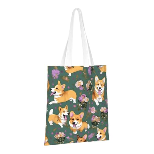 Corgi Floral Flowers Print Polyester Canvas Tote Bag, Shopping Bag With Reinforced Handles, Reusable2