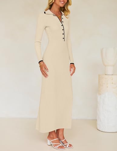 ZESICA Women's Long Sleeve Sweater Dress 2025 Fall V Neck Ribbed Knit Casual Formal Cocktail Bodycon Maxi Dresses3